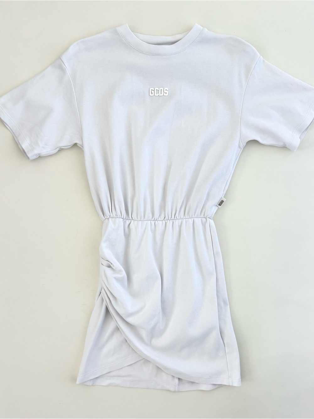 GCDS Ruched Cotton White T-shirt Mini Dress with Y2K Style Back Graphic - Size S - Picture 3 of 11